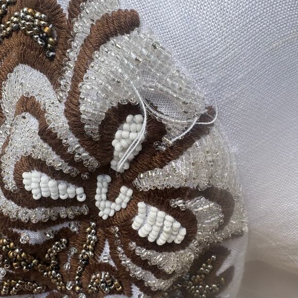 Tory Burch Beaded Mini Dress Tunic Sz 4 White Linen Brown Floral Embellished - Picture 13 of 16